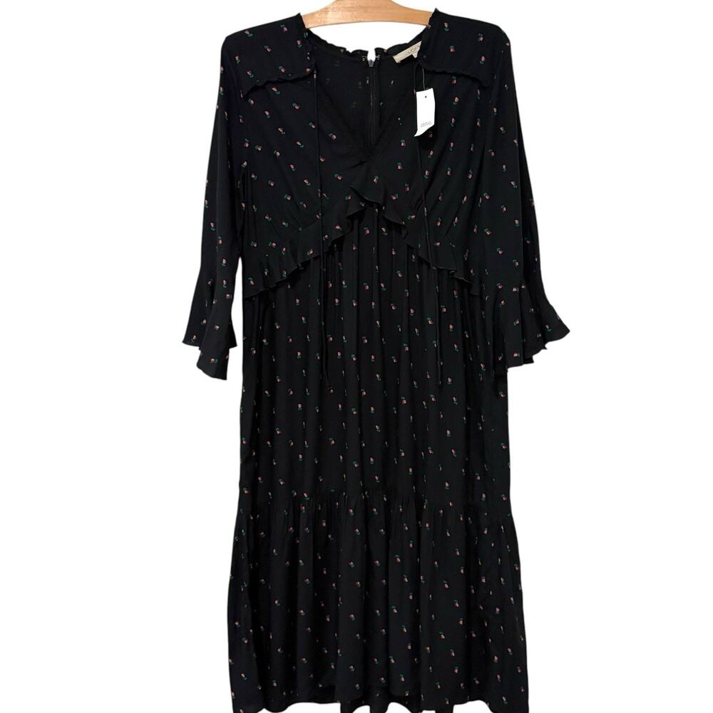 Ann Taylor LOFT | Midi Dress Black Floral 3/4 Sleeves Feminine NWT- Size Large